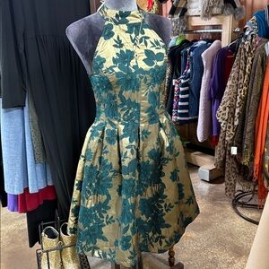 Mystic Gold and Blue Green Floral Holiday Dress size girls large.